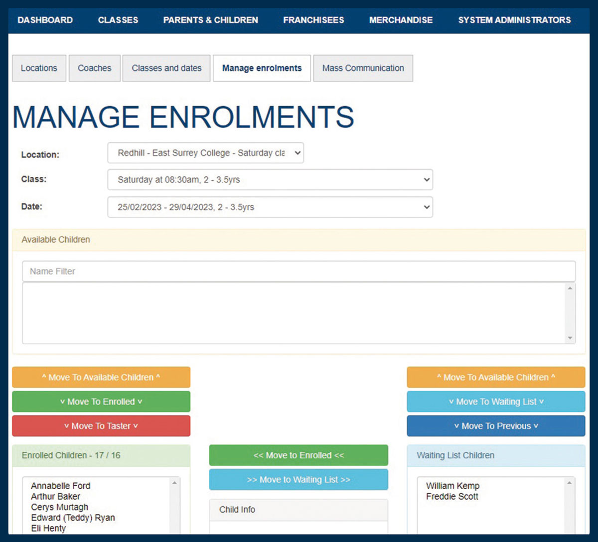 Screenshot of the Rugbytots booking system