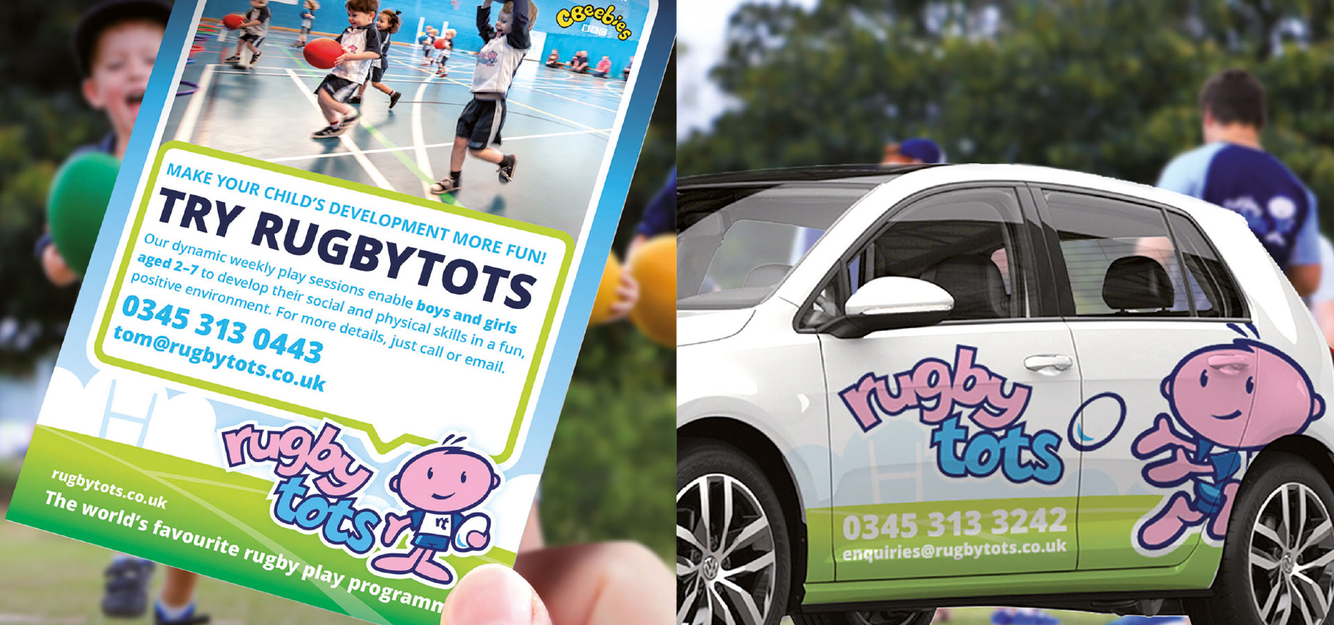 Rugbytots flyer and promotional car graphics