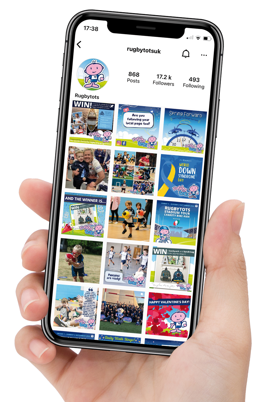 Rugbytots' Instagram social media posts on a smartphone